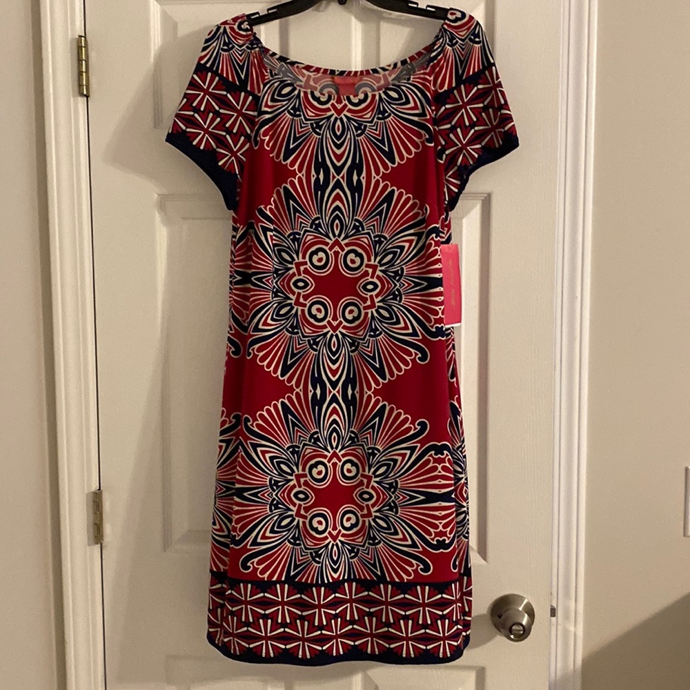 Sunny Leigh Red, white and blue knee length shift dress